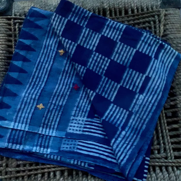 Indigo Stripe Check Block Print MulCotton Dupatta