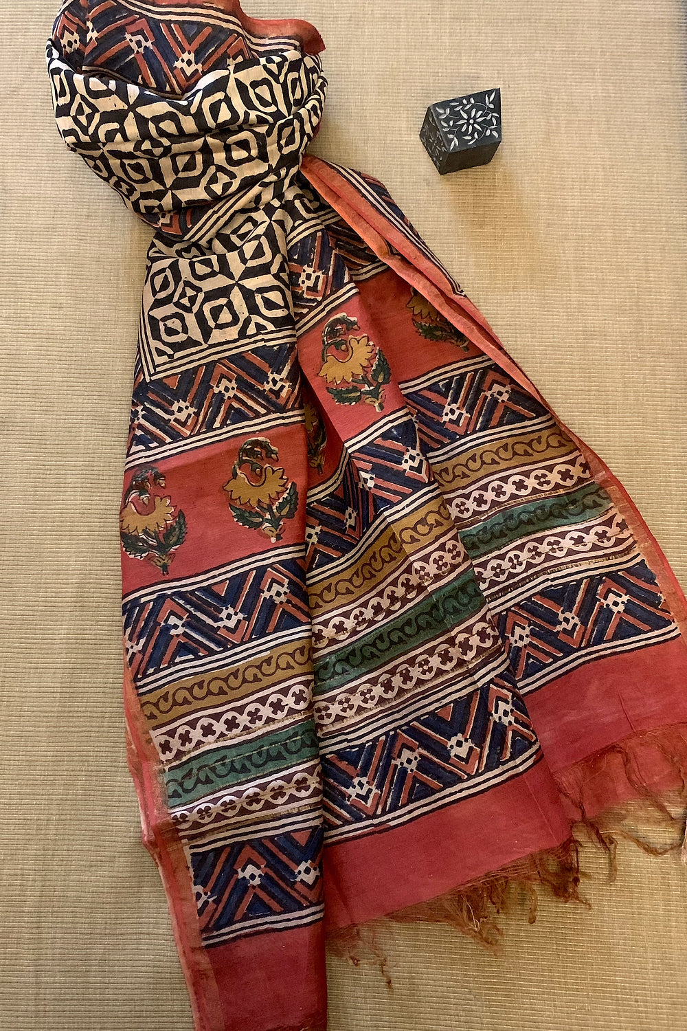 Block Print Diamond Leaf Pattern Pure Chanderi Dupatta