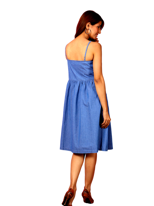 Denim Pleated Dress with Golden Buttons – ANI CLOTHING